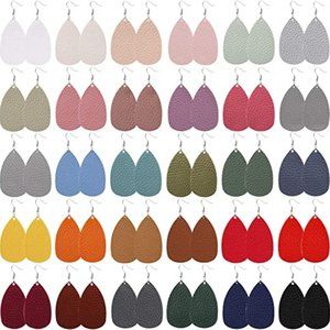 Women Girls Jewelry Fashion 30 Pairs of Teardrop Double-sided Leather Earrings